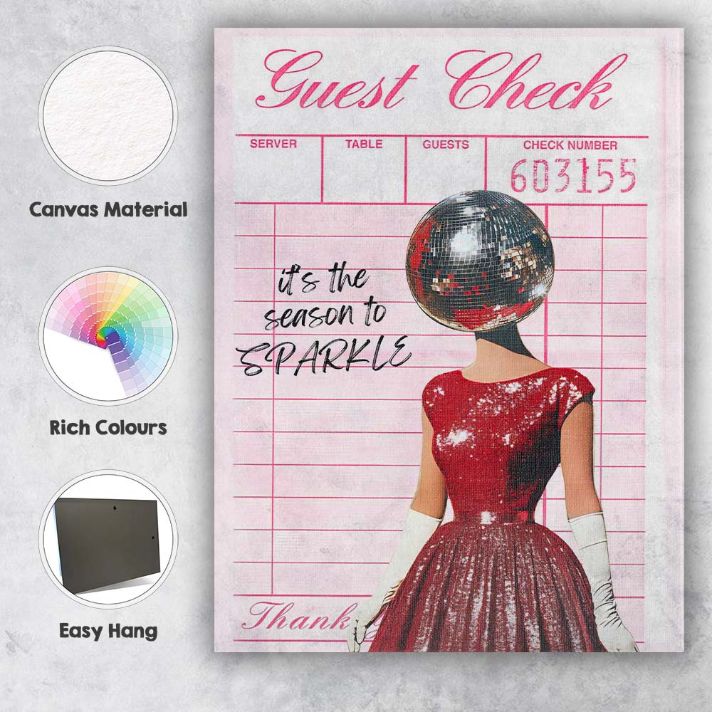 Retro Guest Check Disco Ball Christmas Party Typography Canvas Wall Art Print Decor Picture Ready to Hang