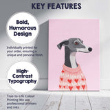 Whippet Dog Wearing Pink Heart Pattern Christmas Jumper Canvas Wall Art Print Decor Picture Ready to Hang