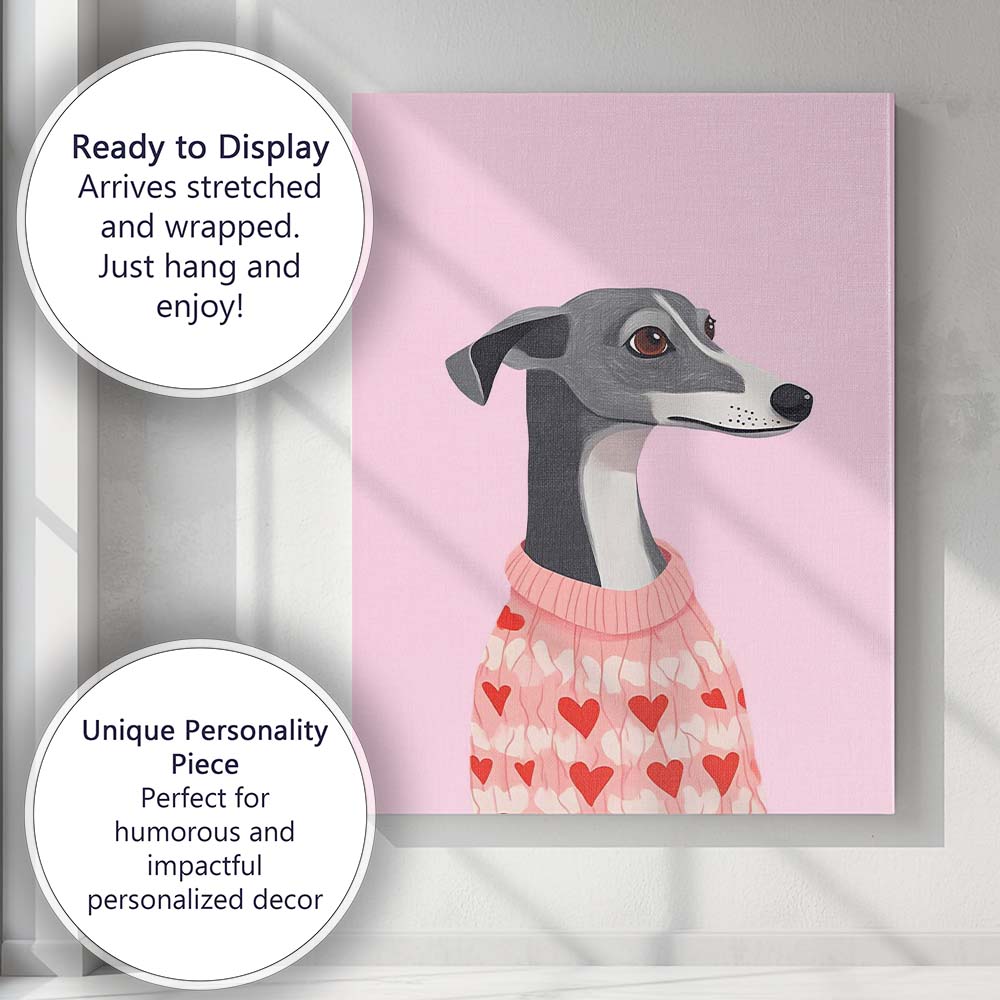 Whippet Dog Wearing Pink Heart Pattern Christmas Jumper Canvas Wall Art Print Decor Picture Ready to Hang