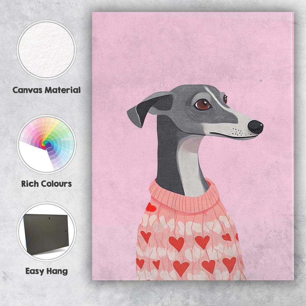 Whippet Dog Wearing Pink Heart Pattern Christmas Jumper Canvas Wall Art Print Decor Picture Ready to Hang