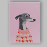 Whippet Dog Wearing Pink Heart Pattern Christmas Jumper Canvas Wall Art Print Decor Picture Ready to Hang