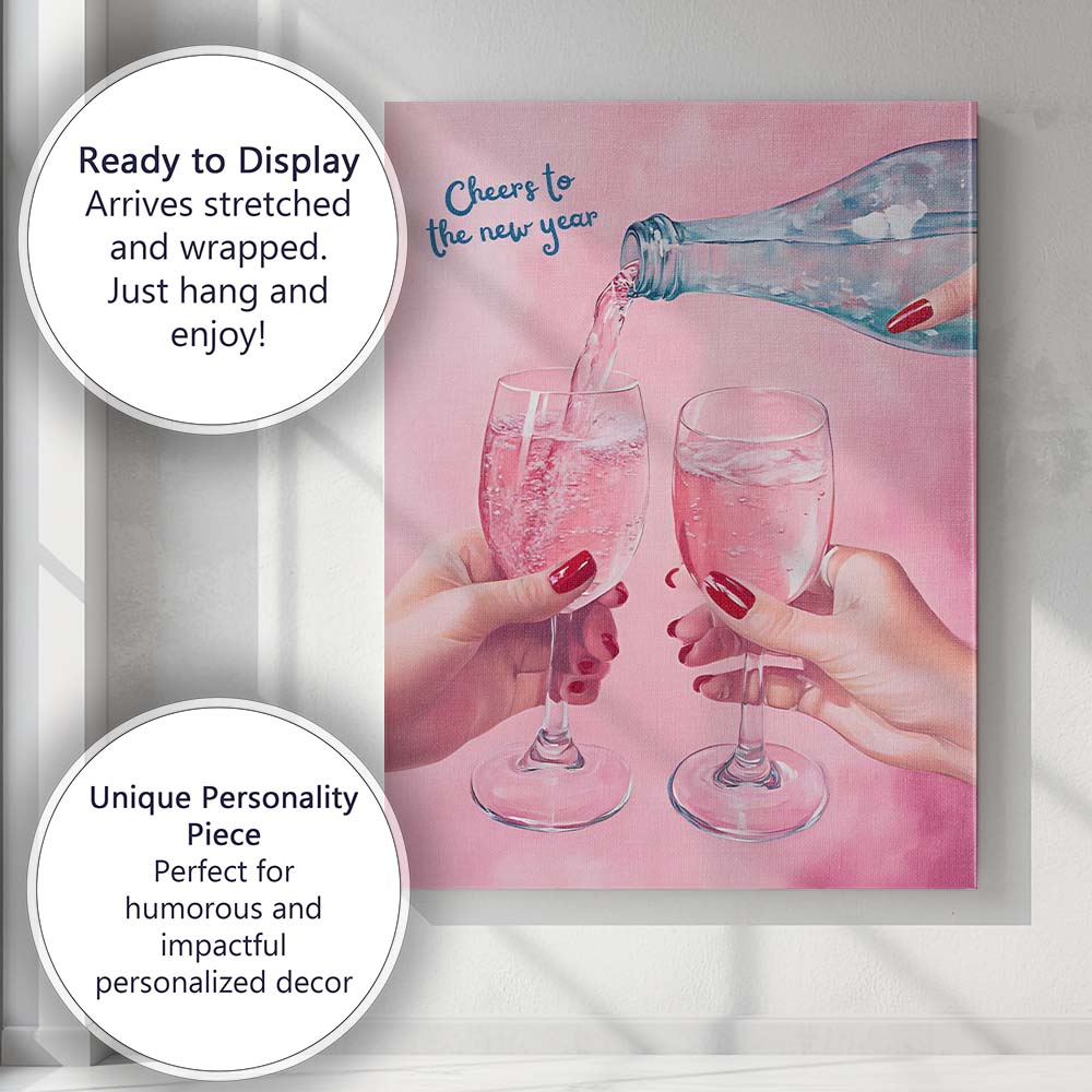 Cheers to the New Year Pink Champagne Toast Watercolour Celebration Canvas Wall Art Print Decor Picture Ready to Hang