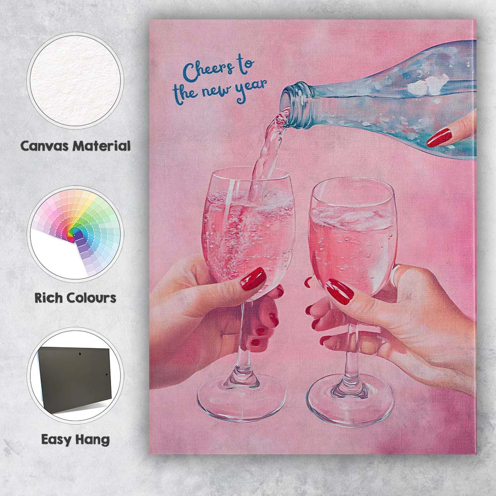 Cheers to the New Year Pink Champagne Toast Watercolour Celebration Canvas Wall Art Print Decor Picture Ready to Hang