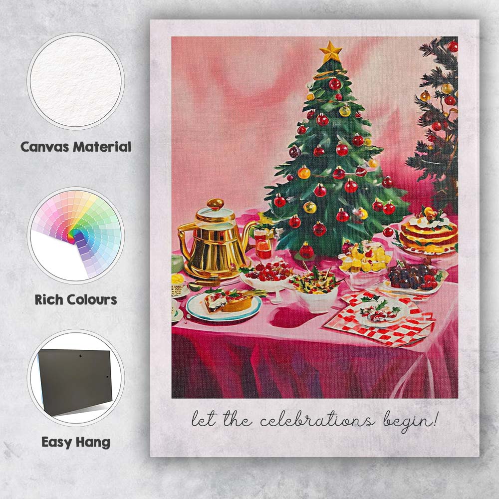 Festive Pink Christmas Dinner Table Holiday Feast Watercolour Canvas Wall Art Print Decor Picture Ready to Hang