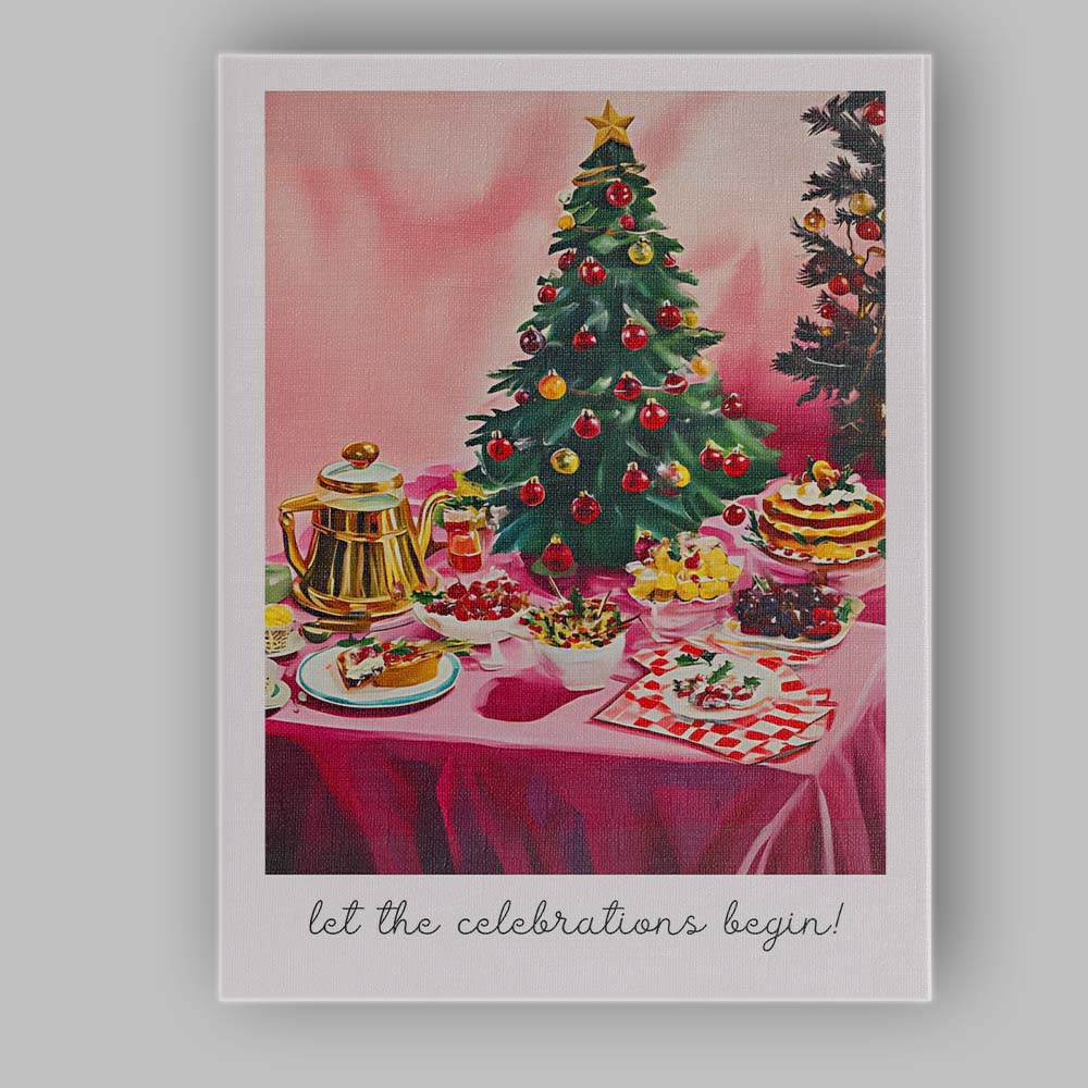 Festive Pink Christmas Dinner Table Holiday Feast Watercolour Canvas Wall Art Print Decor Picture Ready to Hang