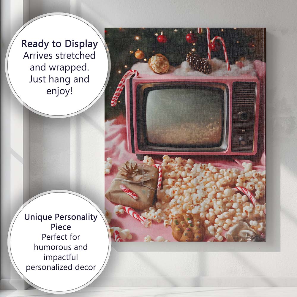 Retro Pink Christmas Television Popcorn Cosy Holiday Movie Night Canvas Wall Art Print Decor Picture Ready to Hang