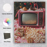Retro Pink Christmas Television Popcorn Cosy Holiday Movie Night Canvas Wall Art Print Decor Picture Ready to Hang