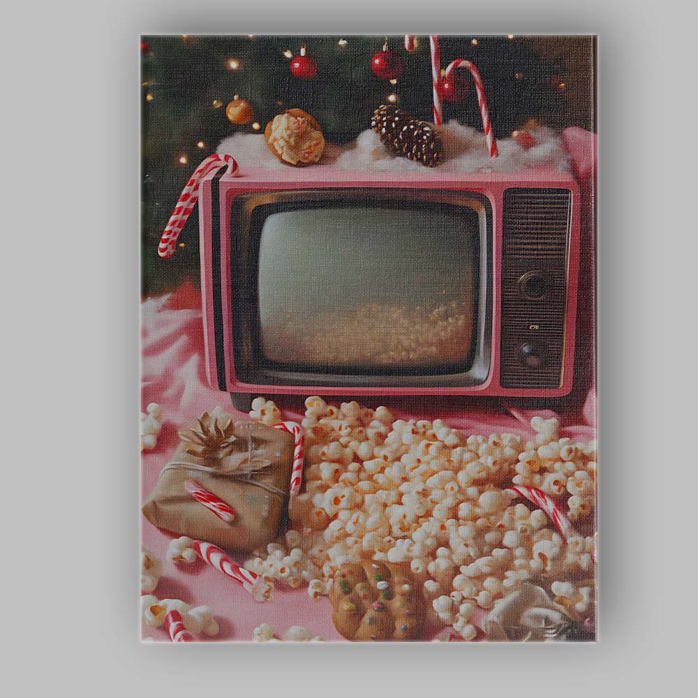 Retro Pink Christmas Television Popcorn Cosy Holiday Movie Night Canvas Wall Art Print Decor Picture Ready to Hang