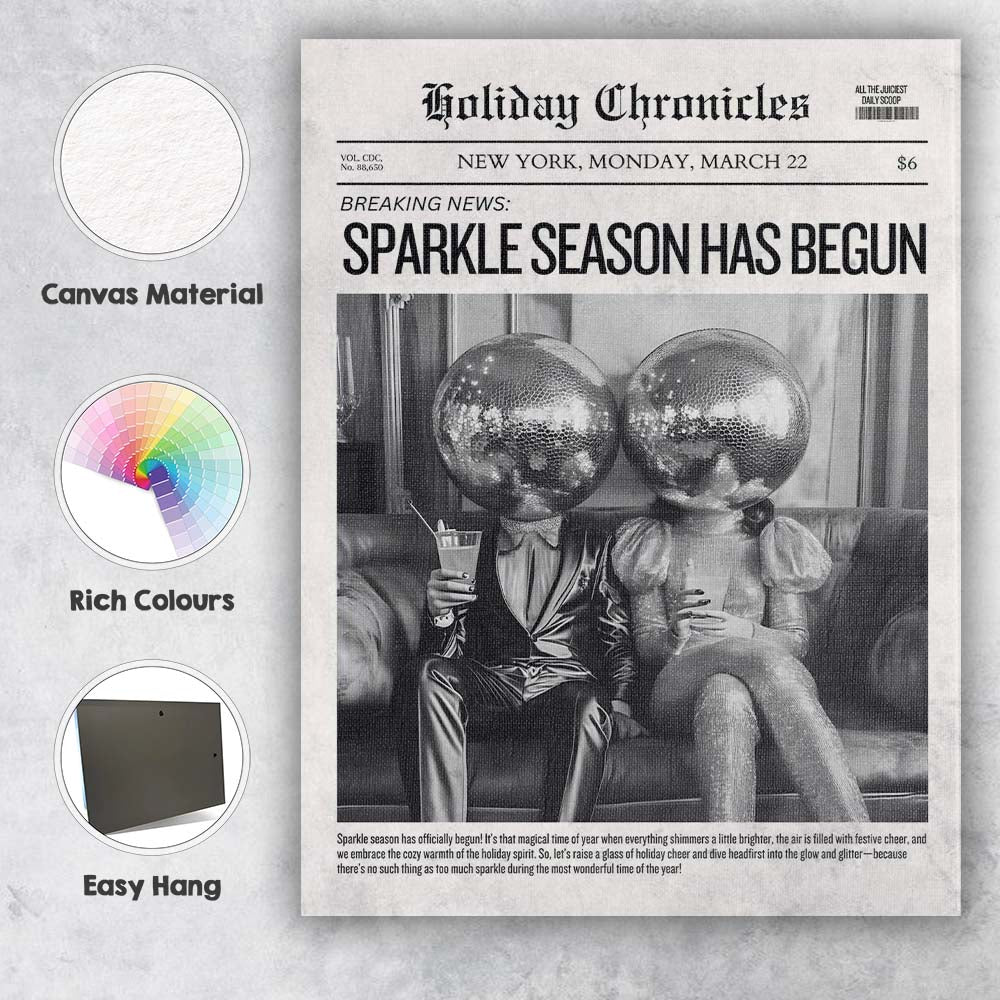 Monochrome Holiday Chronicles Sparkle Season Disco Ball Newspaper Canvas Wall Art Print Decor Picture Ready to Hang