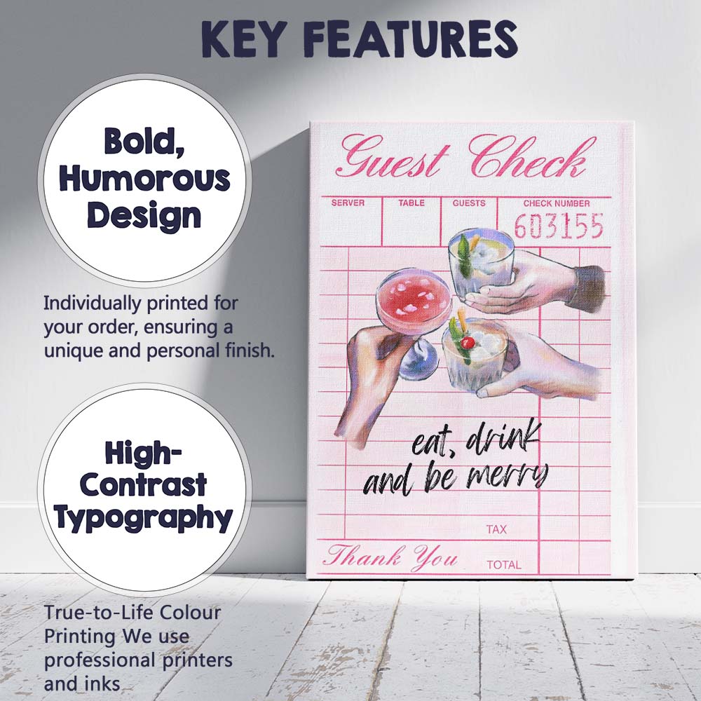 Pink Guest Check Eat Drink And Be Merry Cocktail Illustration Canvas Wall Art Print Decor Picture Ready to Hang