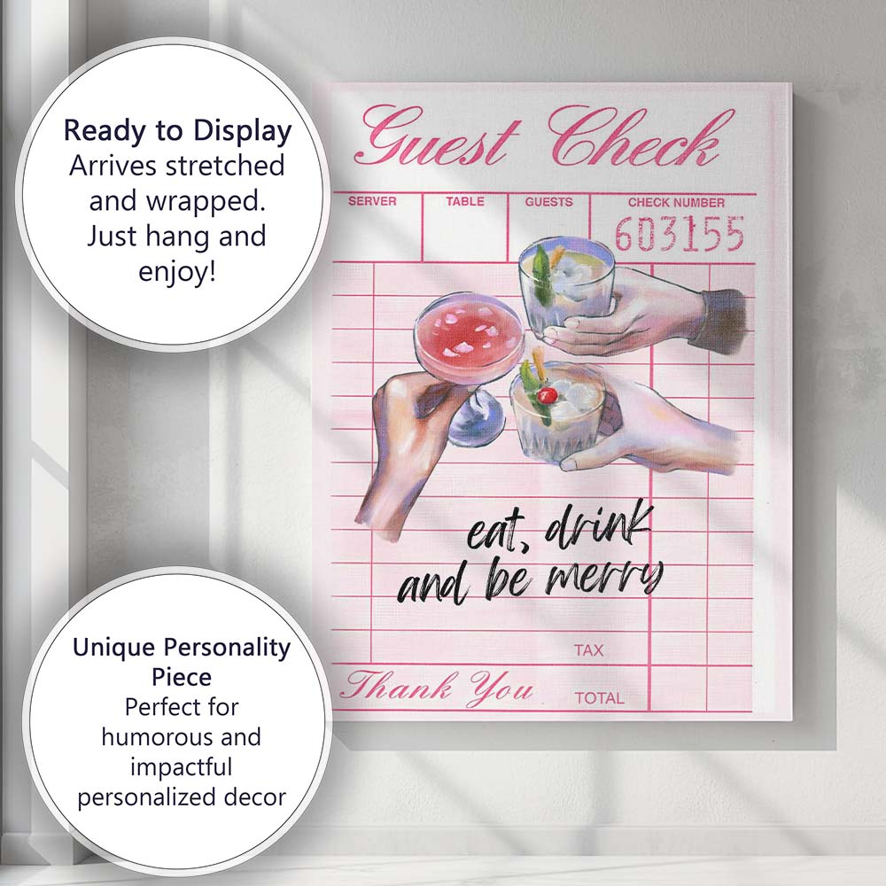 Pink Guest Check Eat Drink And Be Merry Cocktail Illustration Canvas Wall Art Print Decor Picture Ready to Hang