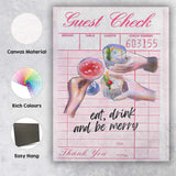 Pink Guest Check Eat Drink And Be Merry Cocktail Illustration Canvas Wall Art Print Decor Picture Ready to Hang