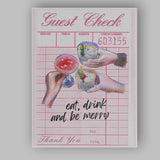 Pink Guest Check Eat Drink And Be Merry Cocktail Illustration Canvas Wall Art Print Decor Picture Ready to Hang