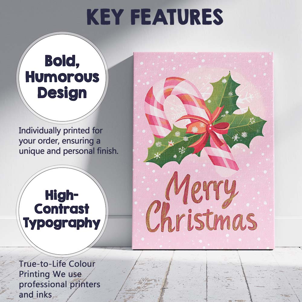 Pink Candy Cane Holly Merry Christmas Typography Canvas Wall Art Print Decor Picture Ready to Hang