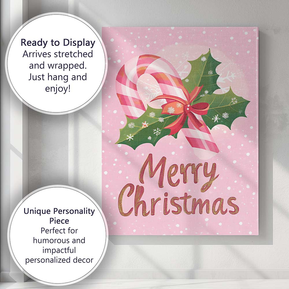 Pink Candy Cane Holly Merry Christmas Typography Canvas Wall Art Print Decor Picture Ready to Hang
