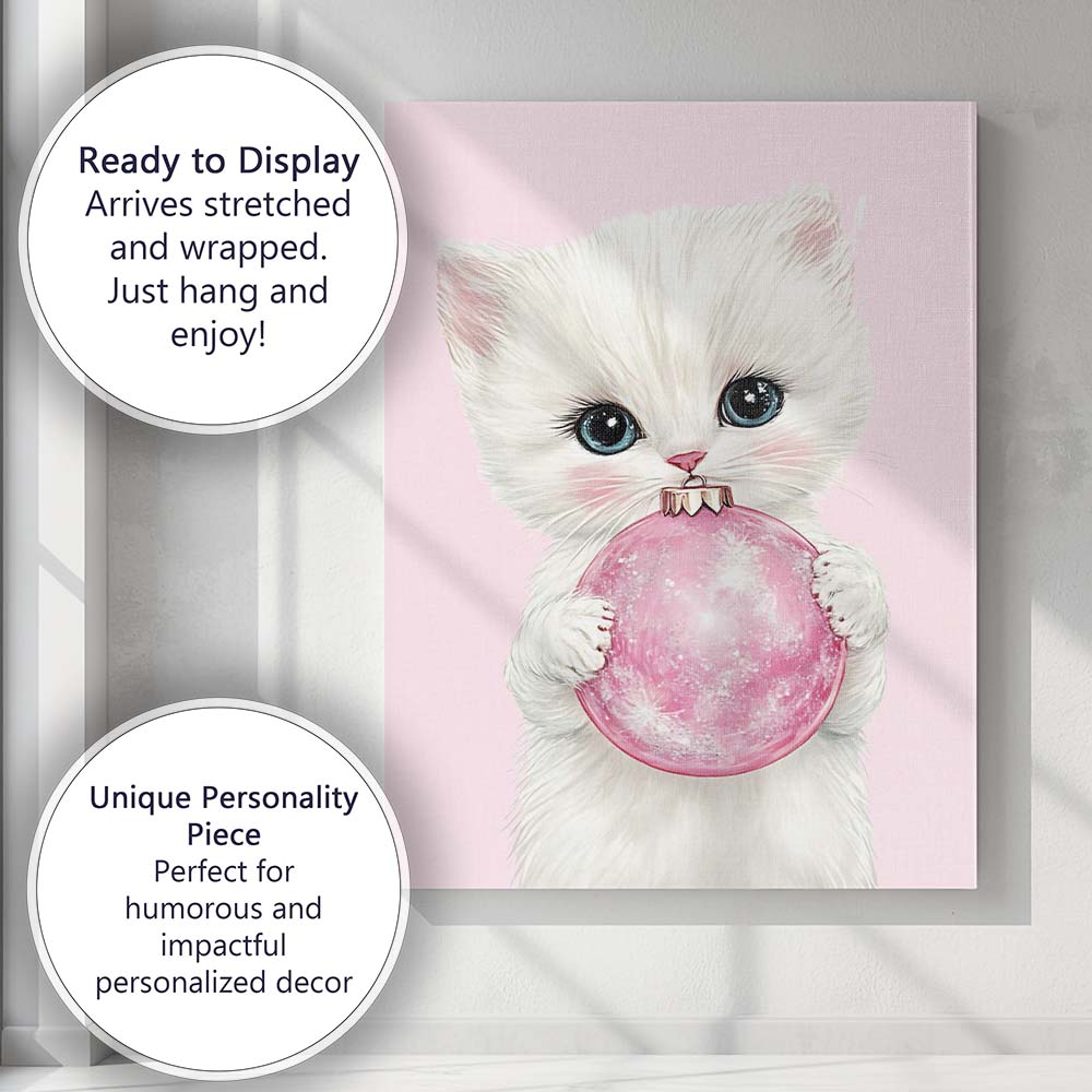 Cute White Kitten Holding Pink Christmas Bauble Canvas Wall Art Print Decor Picture Ready to Hang