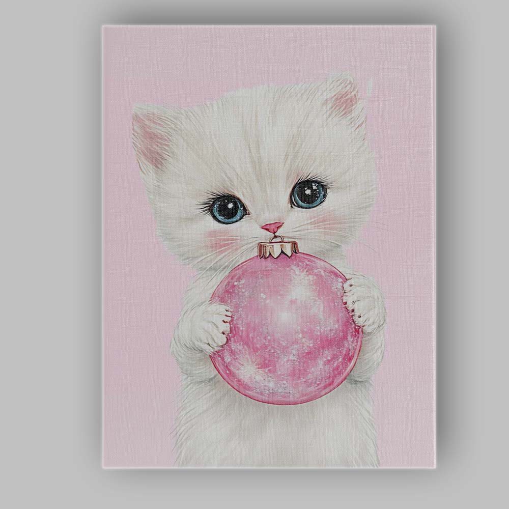 Cute White Kitten Holding Pink Christmas Bauble Canvas Wall Art Print Decor Picture Ready to Hang