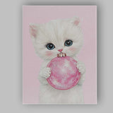 Cute White Kitten Holding Pink Christmas Bauble Canvas Wall Art Print Decor Picture Ready to Hang