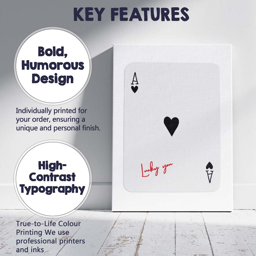 Minimalist Ace of Hearts Lucky You Typography Playing Card Canvas Wall Art Print Decor Picture Ready to Hang