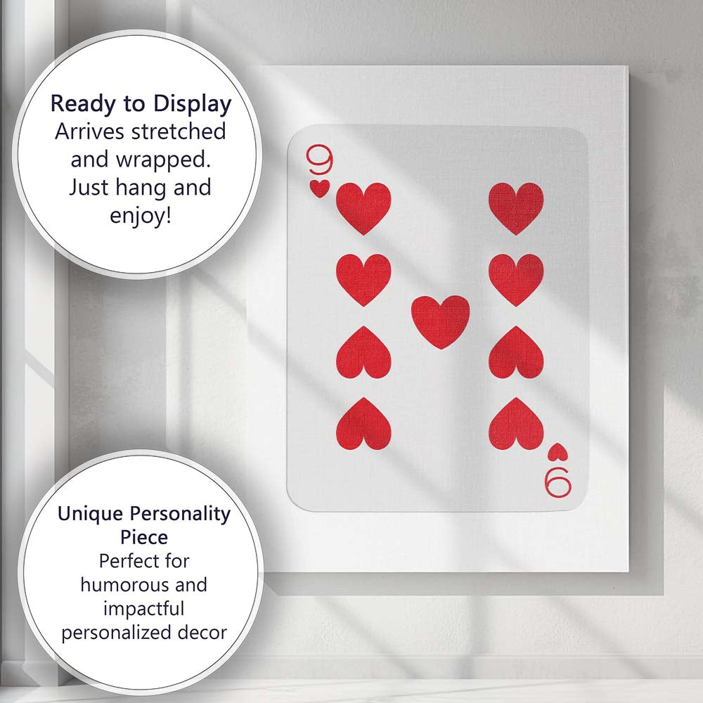 Minimalist Nine of Hearts Red Playing Card Modern Canvas Wall Art Print Decor Picture Ready to Hang