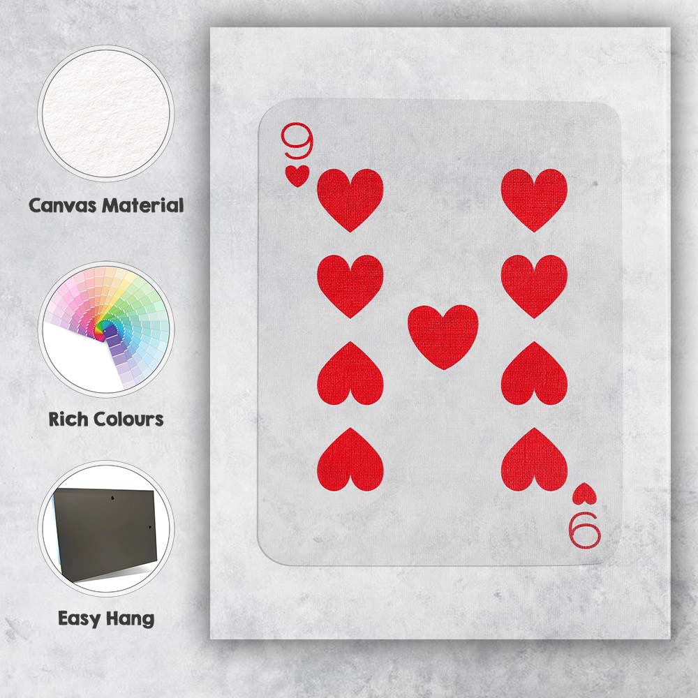 Minimalist Nine of Hearts Red Playing Card Modern Canvas Wall Art Print Decor Picture Ready to Hang