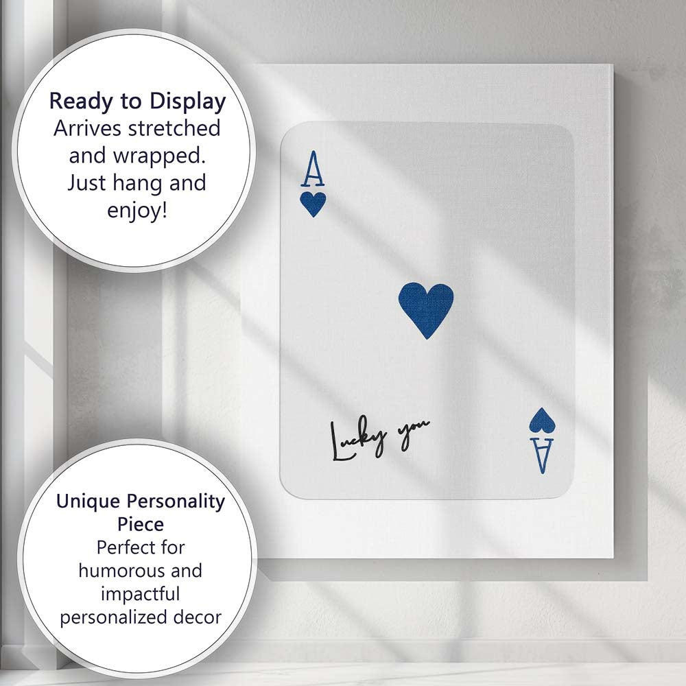 Minimalist Blue Ace of Hearts Lucky You Playing Card Canvas Wall Art Print Decor Picture Ready to Hang
