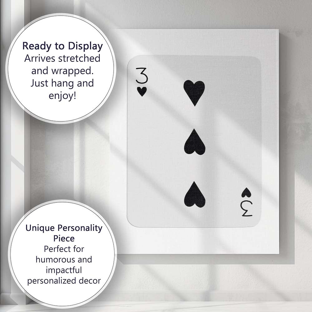 Minimalist Three of Hearts Playing Card Neutral Modern Canvas Wall Art Print Decor Picture Ready to Hang