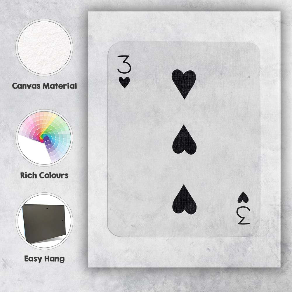 Minimalist Three of Hearts Playing Card Neutral Modern Canvas Wall Art Print Decor Picture Ready to Hang