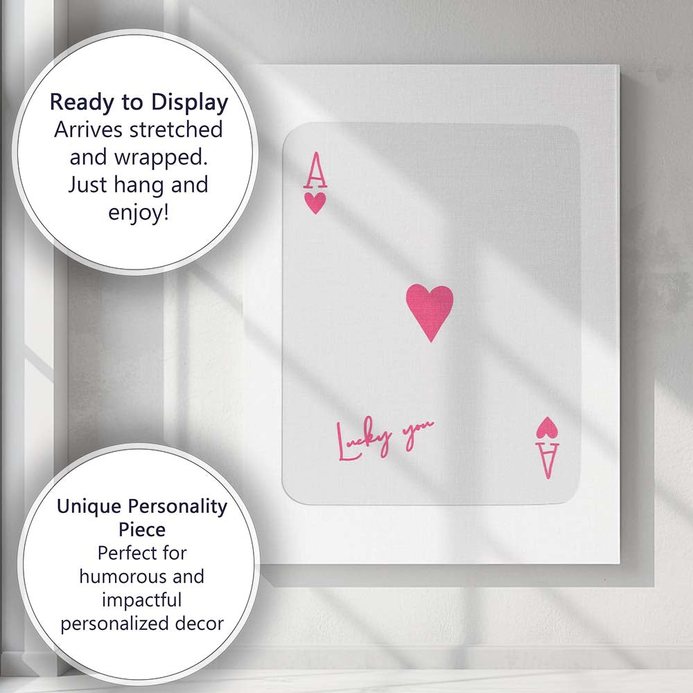 Minimalist Pink Ace of Hearts Lucky You Playing Card Canvas Wall Art Print Decor Picture Ready to Hang