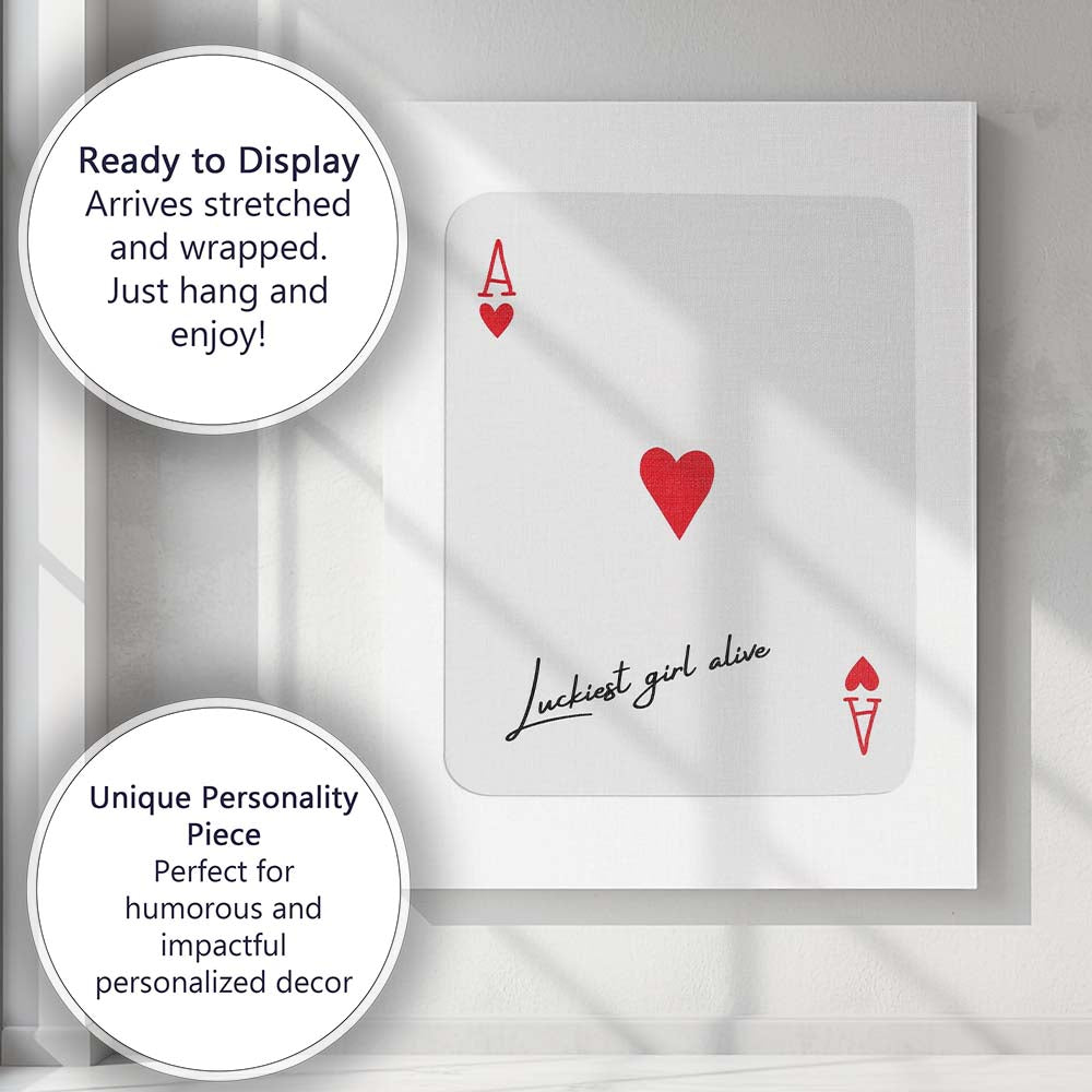 Minimalist Red Ace of Hearts Luckiest Girl Alive Playing Card Canvas Wall Art Print Decor Picture Ready to Hang