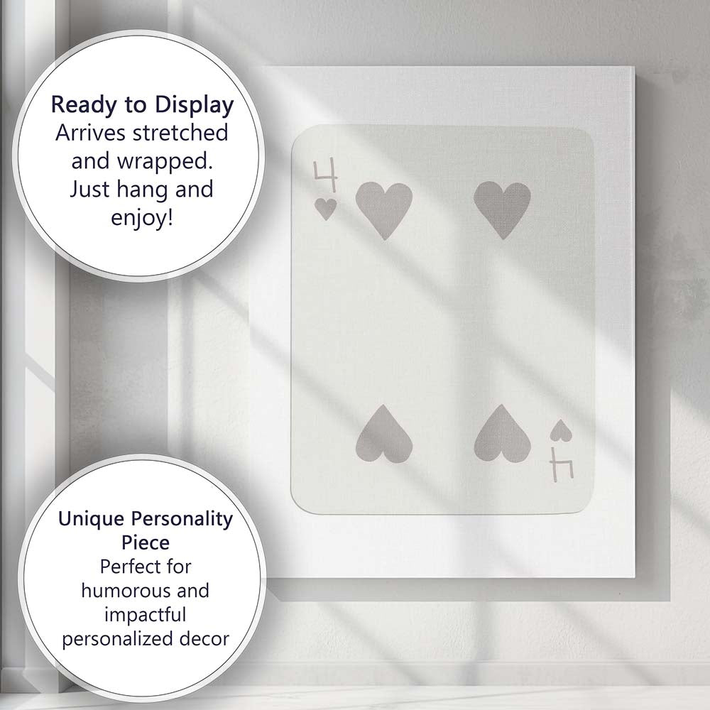 Minimalist Four of Hearts Playing Card Modern Neutral Design Canvas Wall Art Print Decor Picture Ready to Hang