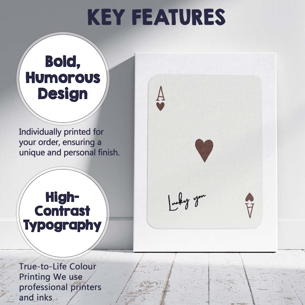 Minimalist Brown Ace of Hearts Lucky You Typography Playing Card Canvas Wall Art Print Decor Picture Ready to Hang