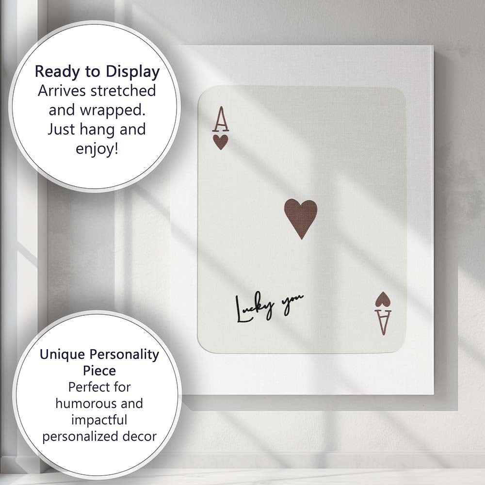Minimalist Brown Ace of Hearts Lucky You Typography Playing Card Canvas Wall Art Print Decor Picture Ready to Hang