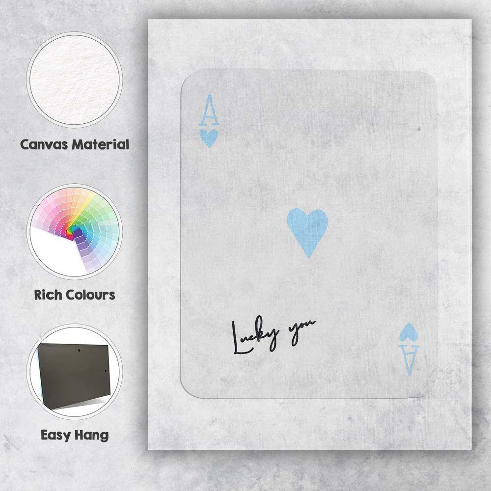 Minimalist Light Blue Ace of Hearts Lucky You Typography Playing Card Canvas Wall Art Print Decor Picture Ready to Hang
