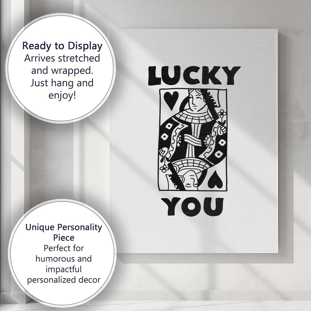 Minimalist Black Lucky You Queen of Hearts Playing Card Typography Canvas Wall Art Print Decor Picture Ready to Hang