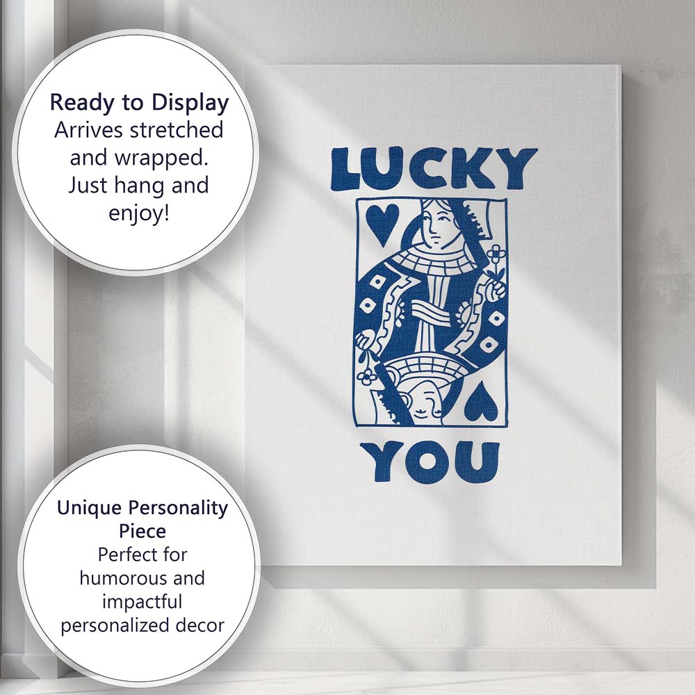 Minimalist Blue Lucky You Queen of Hearts Playing Card Typography Canvas Wall Art Print Decor Picture Ready to Hang
