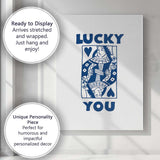 Minimalist Blue Lucky You Queen of Hearts Playing Card Typography Canvas Wall Art Print Decor Picture Ready to Hang