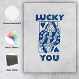 Minimalist Blue Lucky You Queen of Hearts Playing Card Typography Canvas Wall Art Print Decor Picture Ready to Hang
