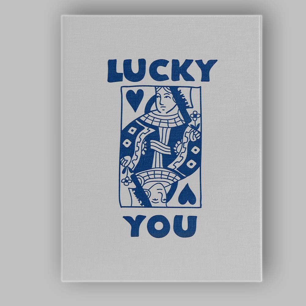 Minimalist Blue Lucky You Queen of Hearts Playing Card Typography Canvas Wall Art Print Decor Picture Ready to Hang