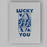 Minimalist Blue Lucky You Queen of Hearts Playing Card Typography Canvas Wall Art Print Decor Picture Ready to Hang