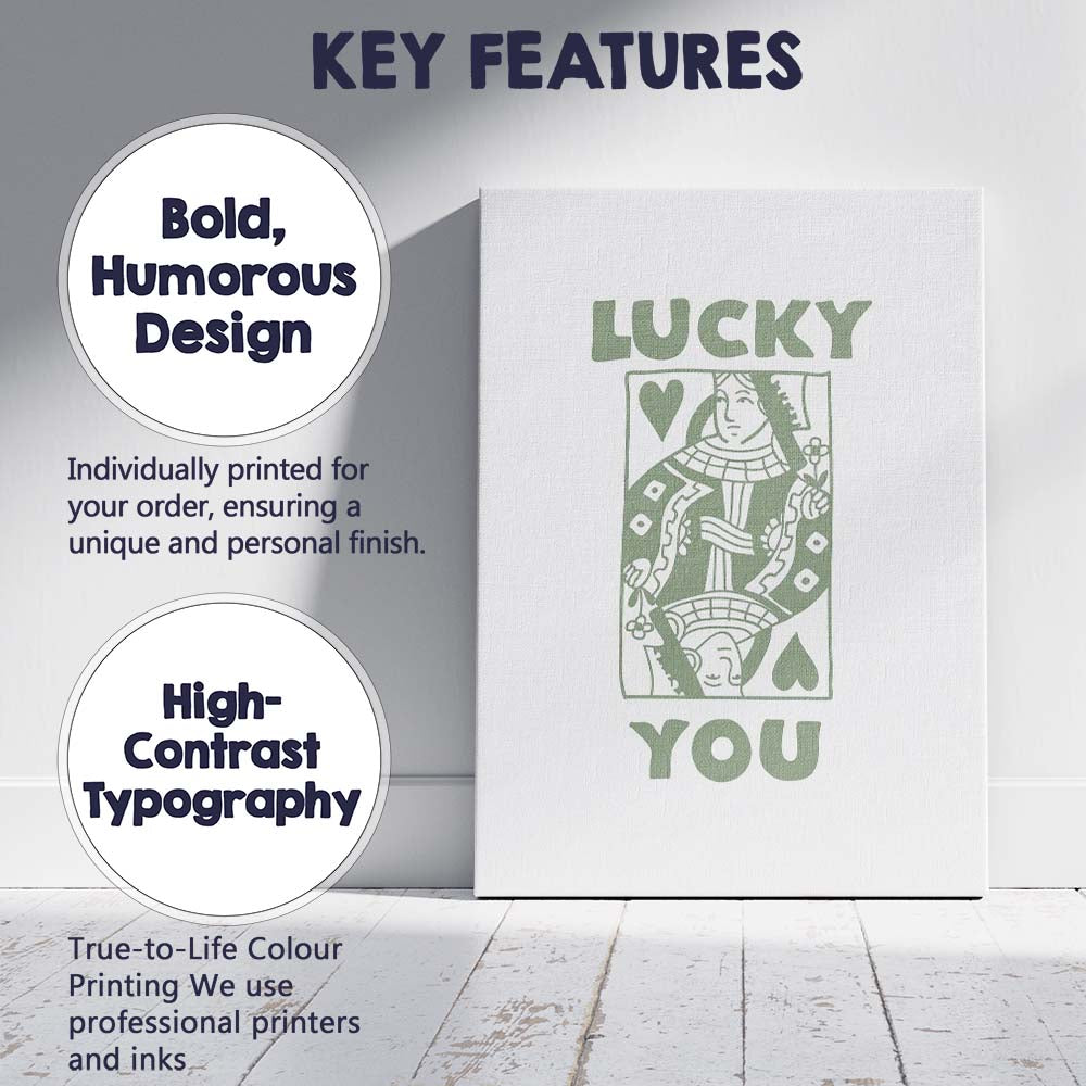Minimalist Sage Green Lucky You Queen of Hearts Playing Card Typography Canvas Wall Art Print Decor Picture Ready to Hang