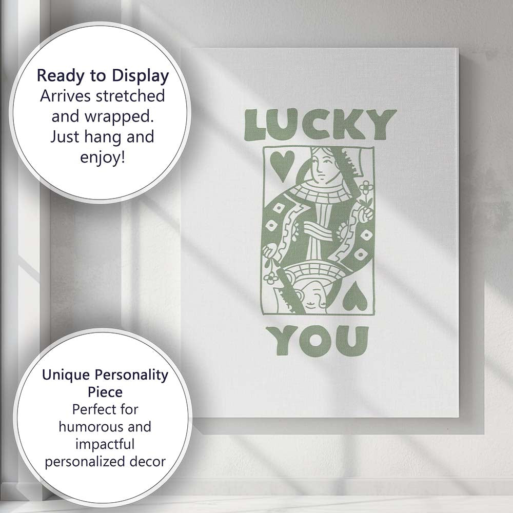 Minimalist Sage Green Lucky You Queen of Hearts Playing Card Typography Canvas Wall Art Print Decor Picture Ready to Hang