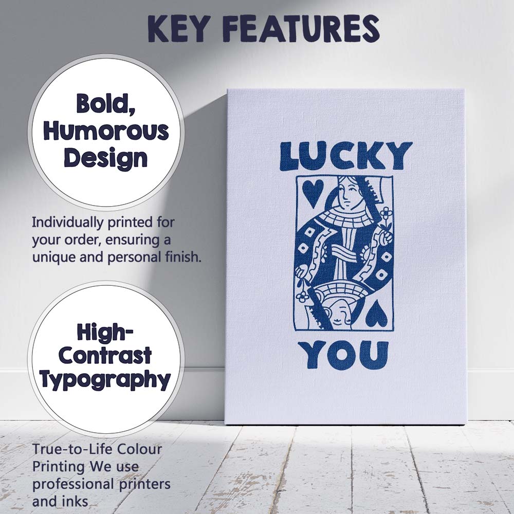 Minimalist Navy Lucky You Queen of Hearts Playing Card Typography Canvas Wall Art Print Decor Picture Ready to Hang