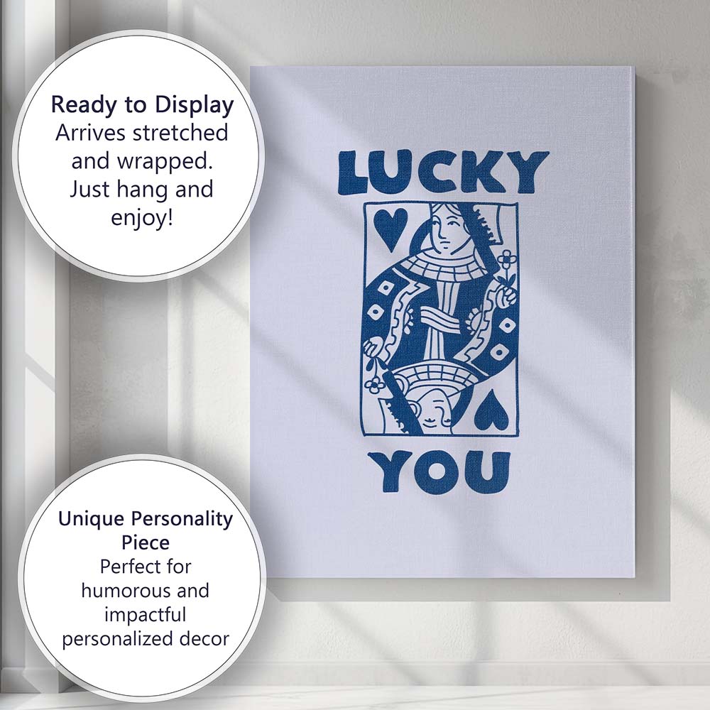 Minimalist Navy Lucky You Queen of Hearts Playing Card Typography Canvas Wall Art Print Decor Picture Ready to Hang