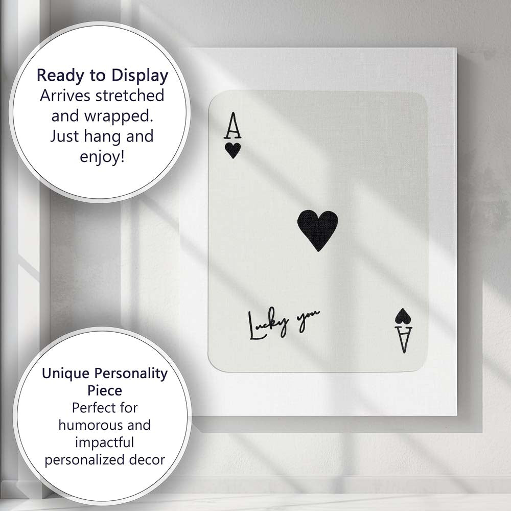 Minimalist Black Ace of Hearts Lucky You Typography Playing Card Canvas Wall Art Print Decor Picture Ready to Hang