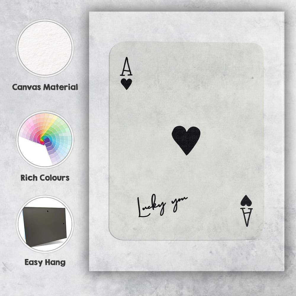 Minimalist Black Ace of Hearts Lucky You Typography Playing Card Canvas Wall Art Print Decor Picture Ready to Hang