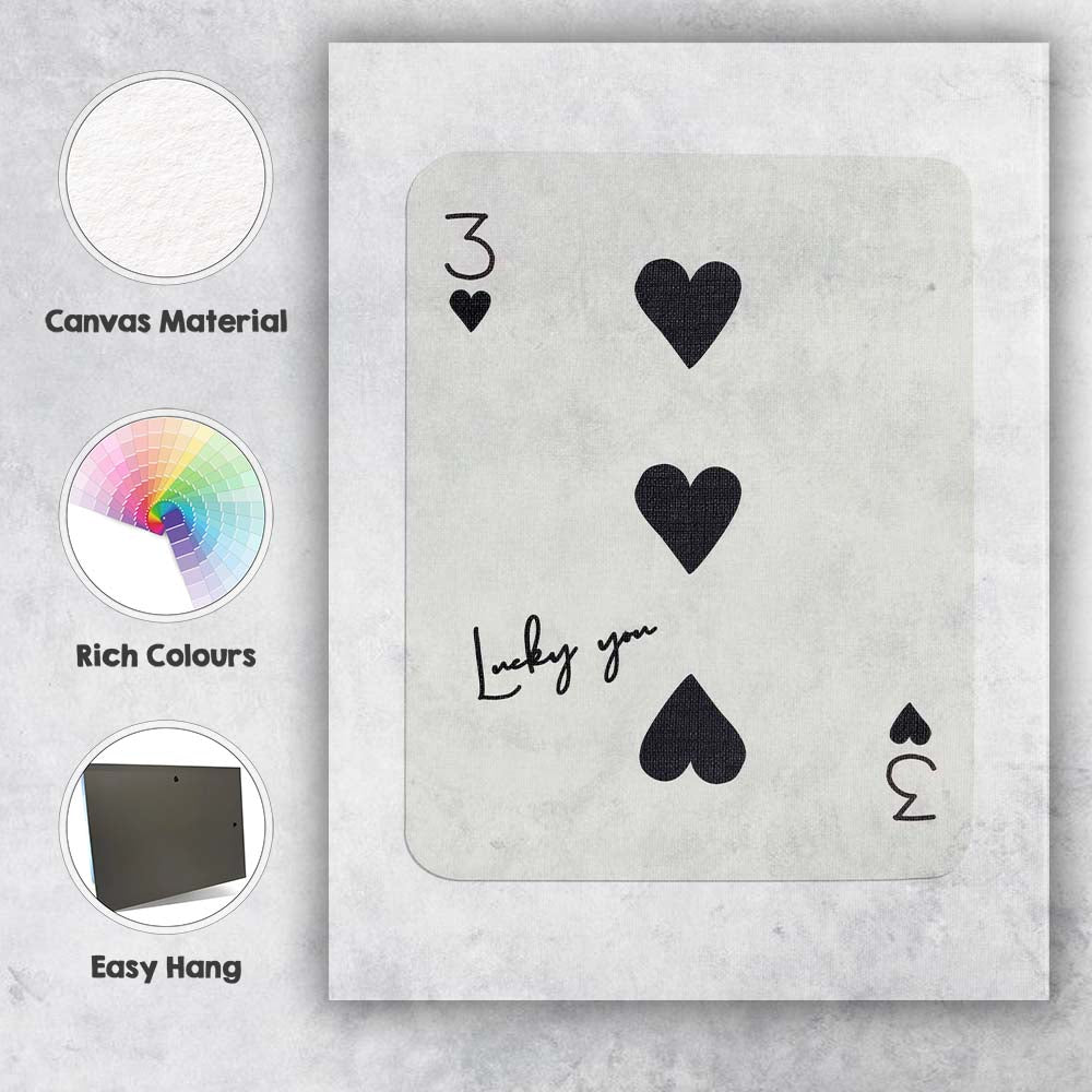 Minimalist Black Three of Hearts Lucky You Typography Playing Card Canvas Wall Art Print Decor Picture Ready to Hang