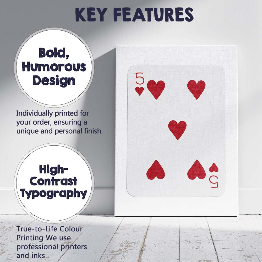 Minimalist Red Five of Hearts Playing Card Modern Classic Design Canvas Wall Art Print Decor Picture Ready to Hang