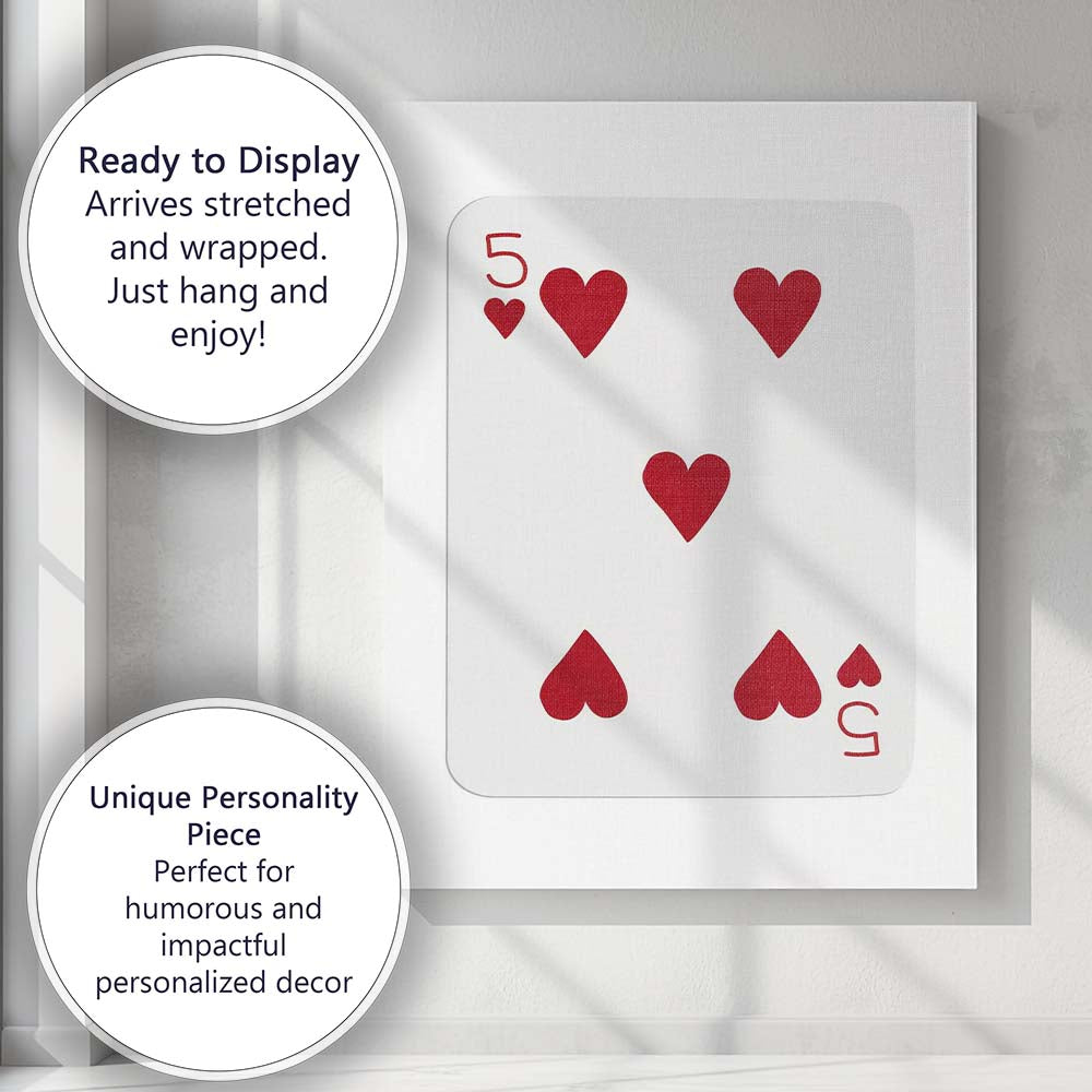 Minimalist Red Five of Hearts Playing Card Modern Classic Design Canvas Wall Art Print Decor Picture Ready to Hang