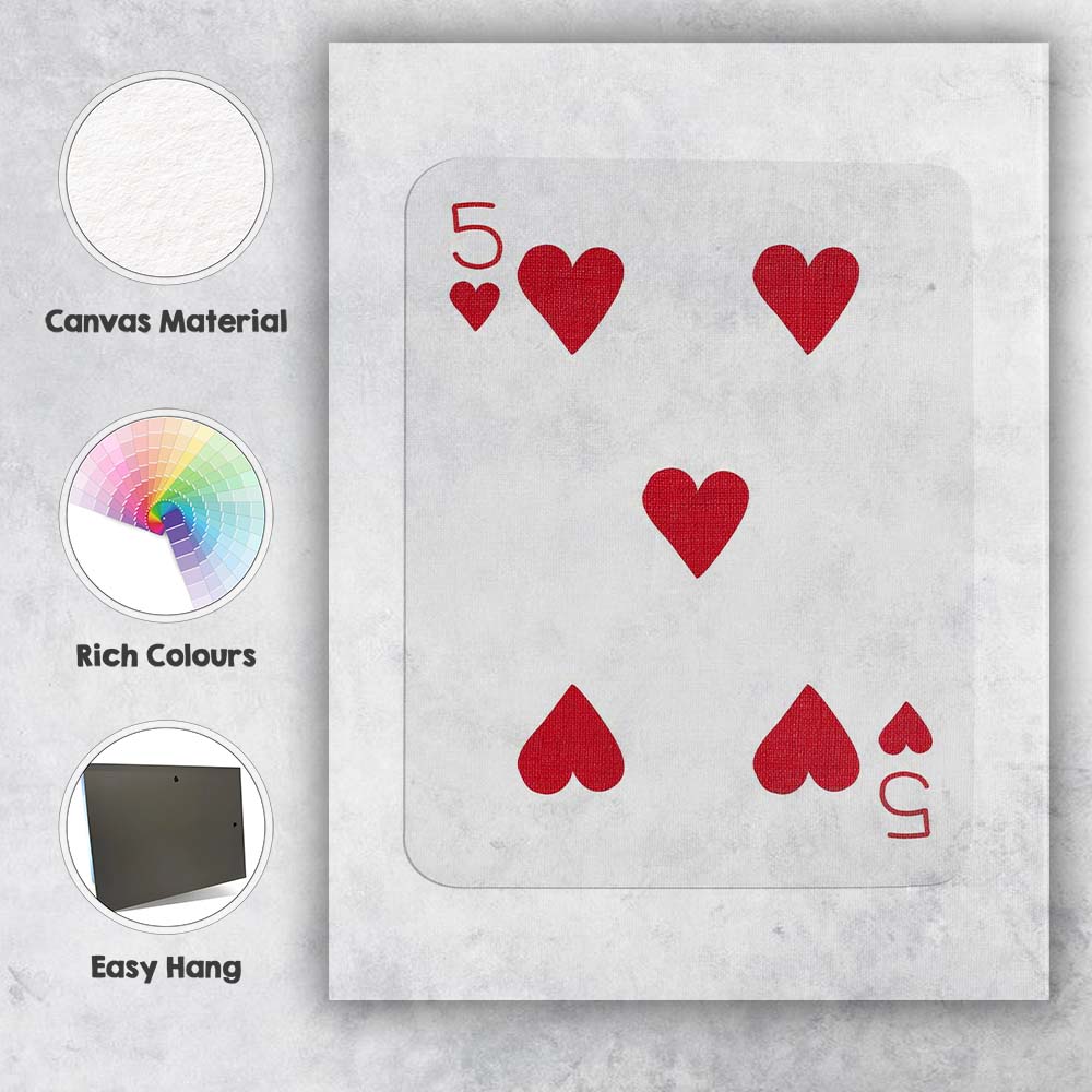 Minimalist Red Five of Hearts Playing Card Modern Classic Design Canvas Wall Art Print Decor Picture Ready to Hang